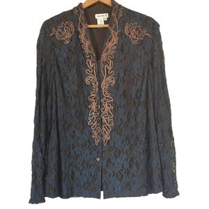 Coldwater Creek Brown & Blue Lace‎ Embellished Long Sleeve Button Up Blouse